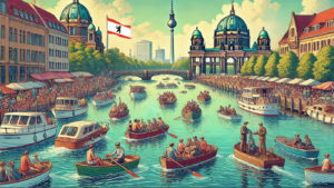 ein mit Hilfe von Ki generiertes Bild was die wiedervereinigung auf dem Wasser visuell darstellt. Viele Boote auf dem Wasser